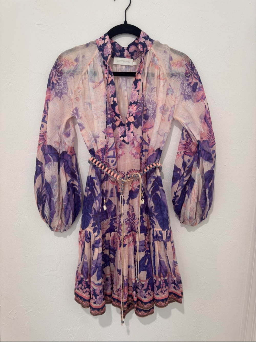 Zimmerman Lyre Billow Mini Belted Dress in Purple Palm